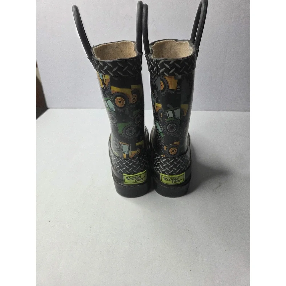 Western‎ Chief Boys Tractor Print Rubber Rain Boots Black Green Yellow Size 7/8